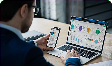 Person monitoring data on laptop and phone